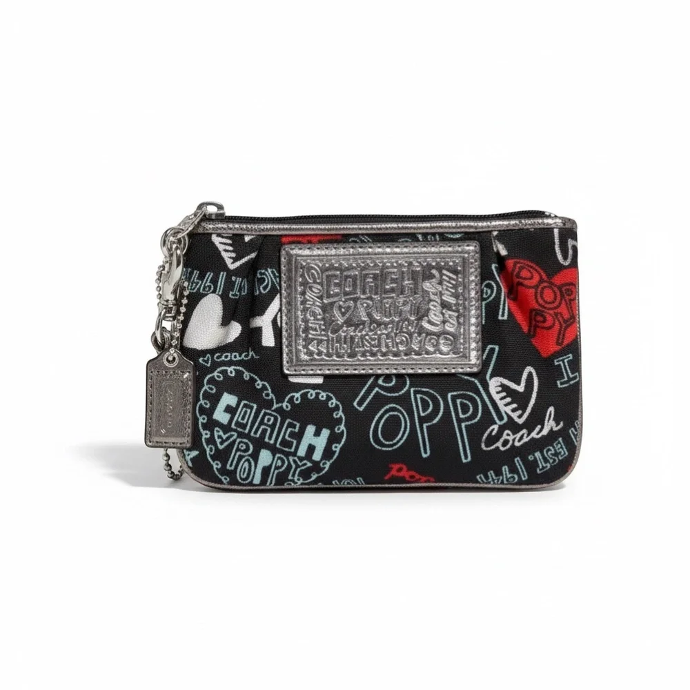 RARE Coach Poppy Wristlet Purse Black Graffiti Hearts Silver Zip Pouch Wallet - Picture 3 of 8
